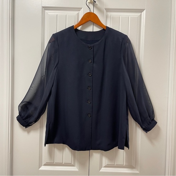 Vintage Button-Up Blouse with Sheer Sleeves Navy - M - Picture 2 of 11